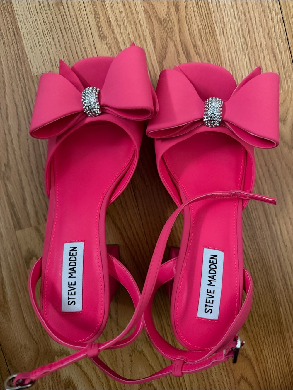 Steve Madden Hot Pink Bow Ankle-Strap Sandals with Rhinestone Accent